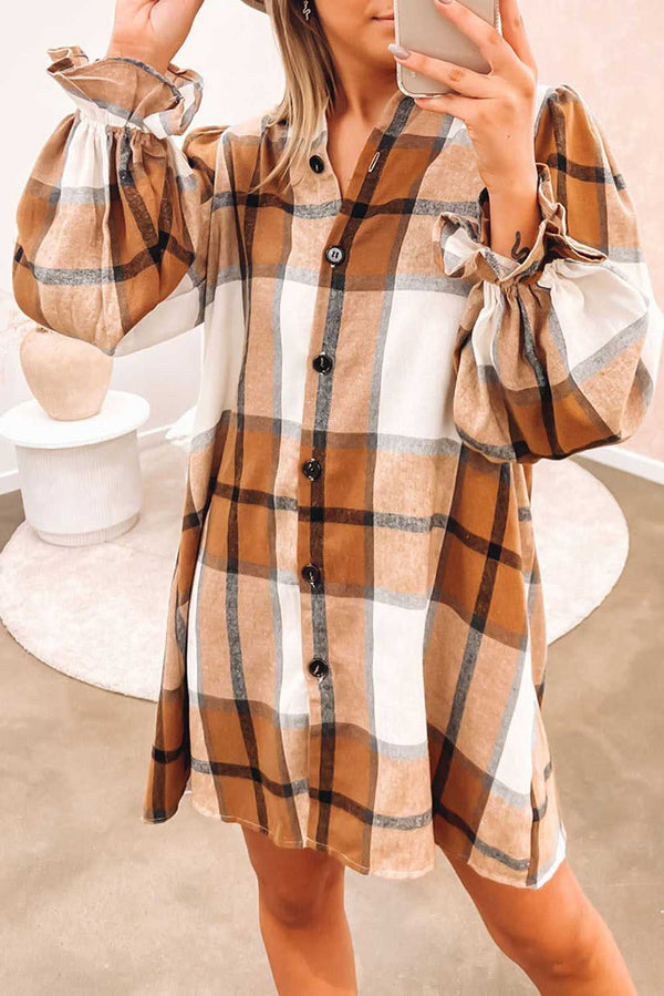 Khaki Plaid Pattern Collared Neck Ruffled Sleeve Shirt Dress - Absolute fashion 2020