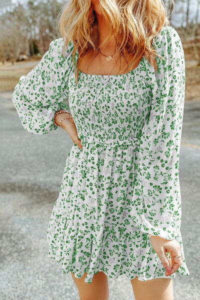 Smocked Floral Square Neck Balloon Sleeve Dress - Absolute fashion 2020