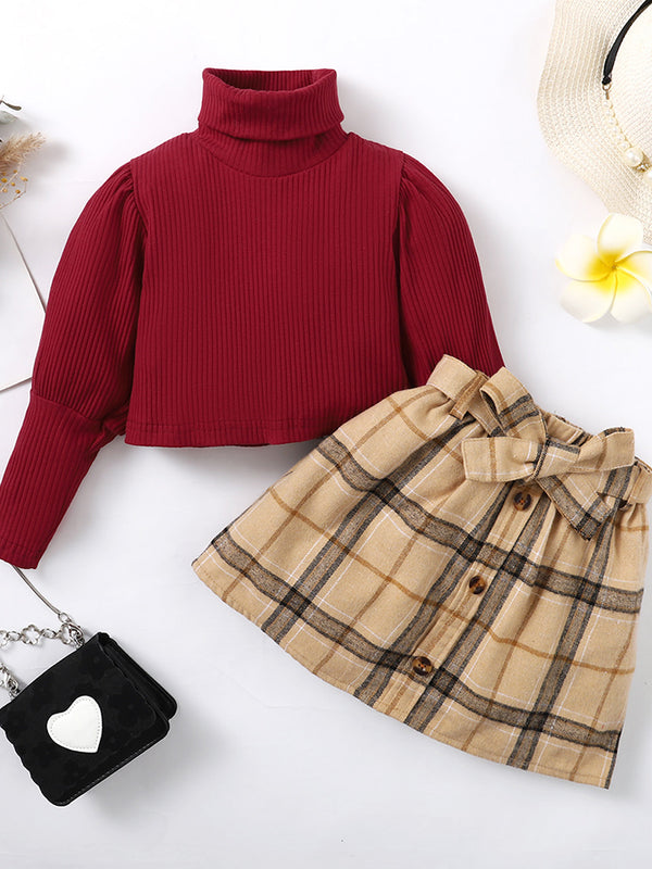Turtle Neck Long Sleeve Ribbed Top and Plaid Skirt Set - Absolute fashion 2020