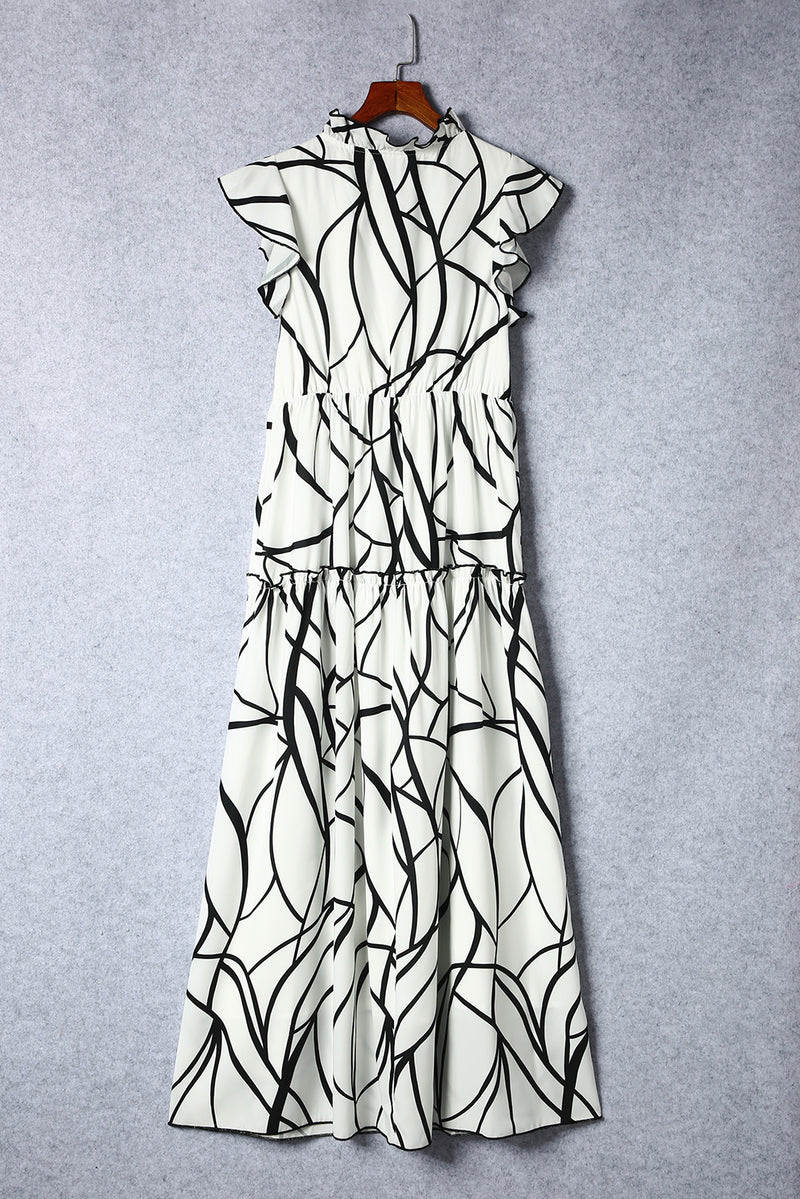 White Abstract Vein Print V Neck Ruffle Maxi Dress