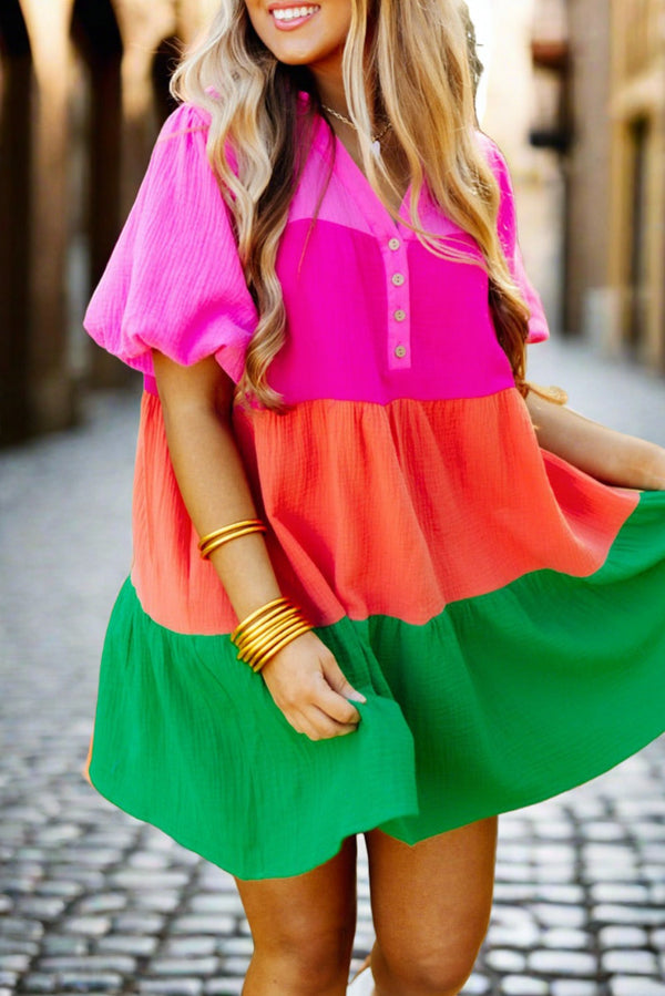 Multicolor Color Block Tiered Puff Sleeve Dress - Absolute fashion 2020