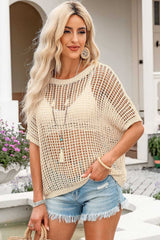 Apricot Fishnet Knit Ribbed Round Neck Short Sleeve Sweater Tee - Absolute fashion 2020