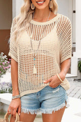 Apricot Fishnet Knit Ribbed Round Neck Short Sleeve Sweater Tee - Absolute fashion 2020