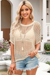 Apricot Fishnet Knit Ribbed Round Neck Short Sleeve Sweater Tee - Absolute fashion 2020