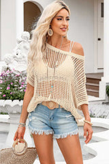 Apricot Fishnet Knit Ribbed Round Neck Short Sleeve Sweater Tee - Absolute fashion 2020