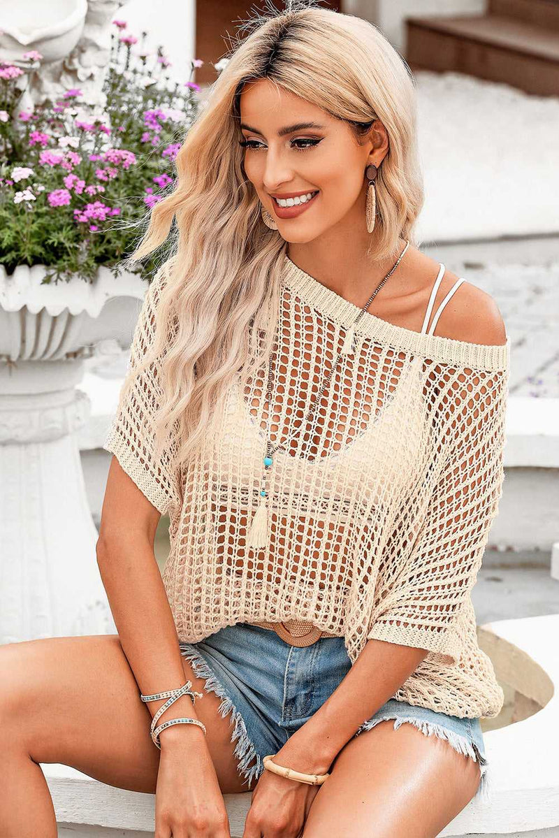 Apricot Fishnet Knit Ribbed Round Neck Short Sleeve Sweater Tee - Absolute fashion 2020