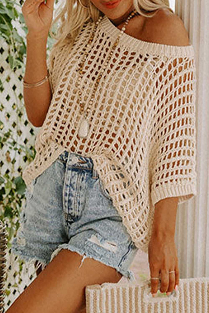 Apricot Fishnet Knit Ribbed Round Neck Short Sleeve Sweater Tee - Absolute fashion 2020