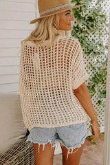 Apricot Fishnet Knit Ribbed Round Neck Short Sleeve Sweater Tee - Absolute fashion 2020