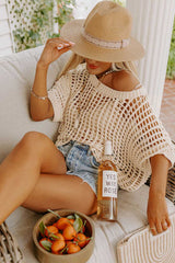 Apricot Fishnet Knit Ribbed Round Neck Short Sleeve Sweater Tee - Absolute fashion 2020