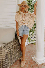 Apricot Fishnet Knit Ribbed Round Neck Short Sleeve Sweater Tee - Absolute fashion 2020