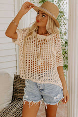 Apricot Fishnet Knit Ribbed Round Neck Short Sleeve Sweater Tee - Absolute fashion 2020