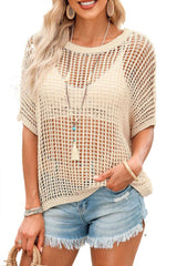 Apricot Fishnet Knit Ribbed Round Neck Short Sleeve Sweater Tee - Absolute fashion 2020