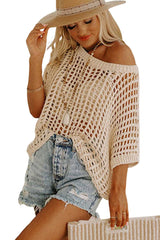 Apricot Fishnet Knit Ribbed Round Neck Short Sleeve Sweater Tee - Absolute fashion 2020
