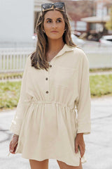Beige Button Pockets Drawstring Waist Dress - Absolute fashion 2020