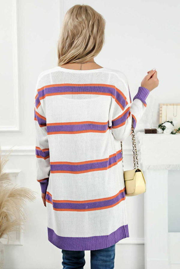 Beige Striped Long Sleeve Ribbed Trim Button Cardigan - Absolute fashion 2020