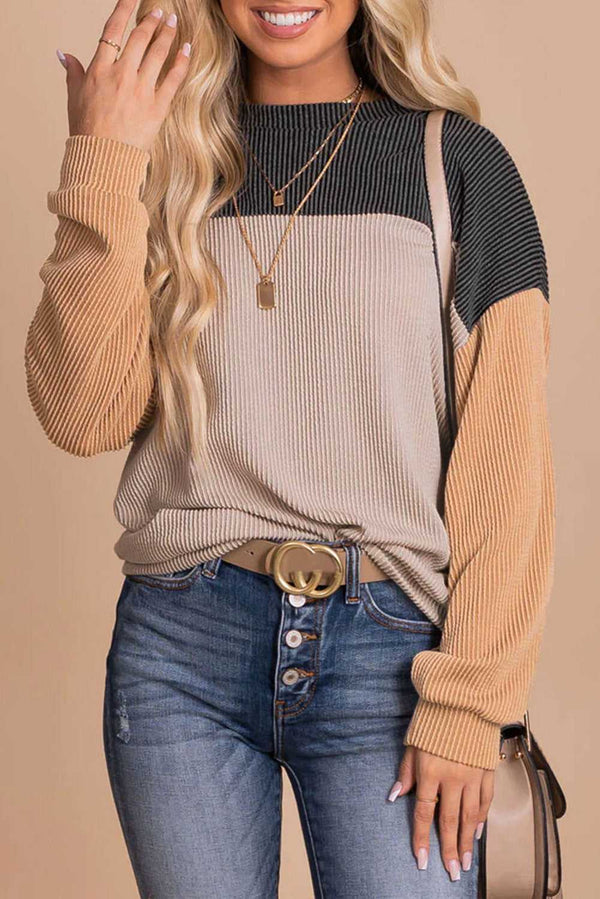 Black Color Block Long Sleeve Ribbed Loose Top - Absolute fashion 2020
