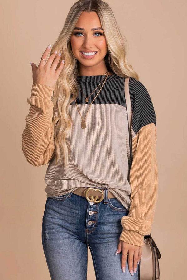 Black Color Block Long Sleeve Ribbed Loose Top - Absolute fashion 2020