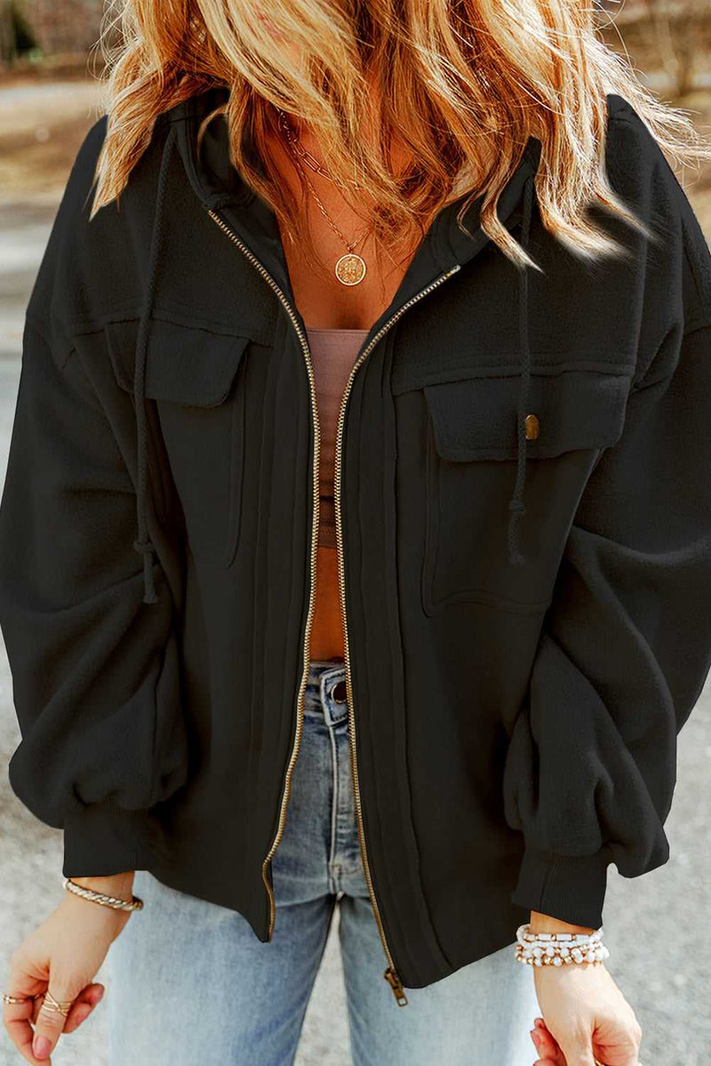 Black Flap Pocket Drawstring Hood Zip Up Jacket - Absolute fashion 2020