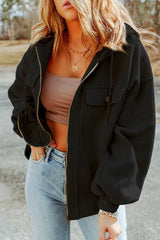 Black Flap Pocket Drawstring Hood Zip Up Jacket - Absolute fashion 2020