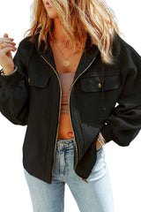 Black Flap Pocket Drawstring Hood Zip Up Jacket - Absolute fashion 2020