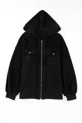 Black Flap Pocket Drawstring Hood Zip Up Jacket - Absolute fashion 2020