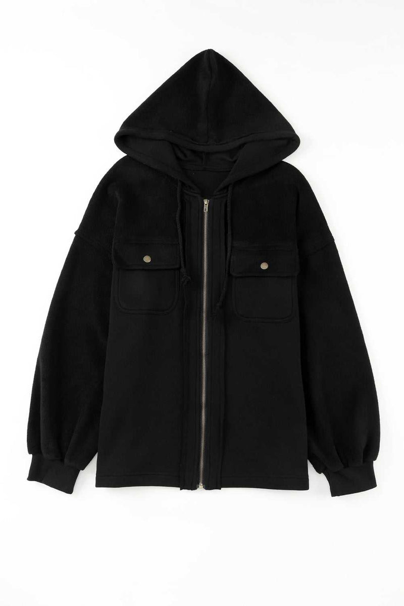 Black Flap Pocket Drawstring Hood Zip Up Jacket - Absolute fashion 2020