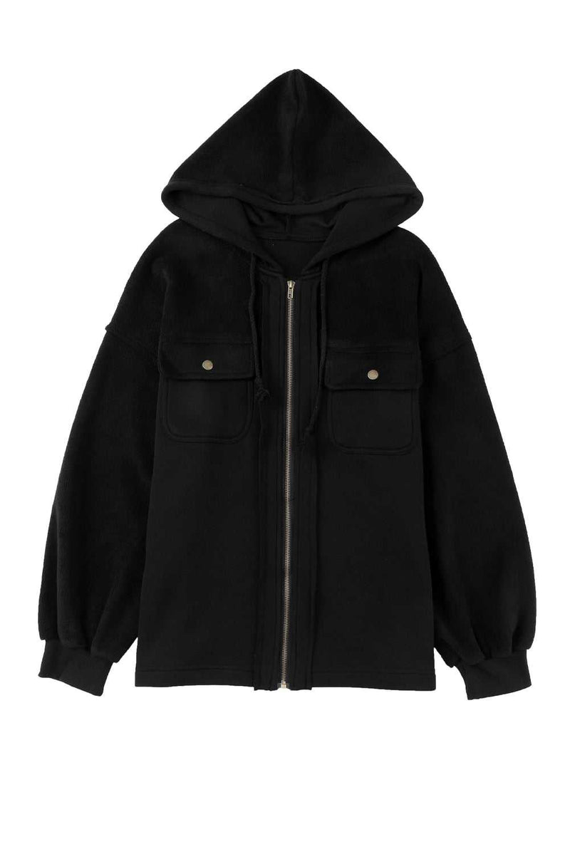 Black Flap Pocket Drawstring Hood Zip Up Jacket - Absolute fashion 2020