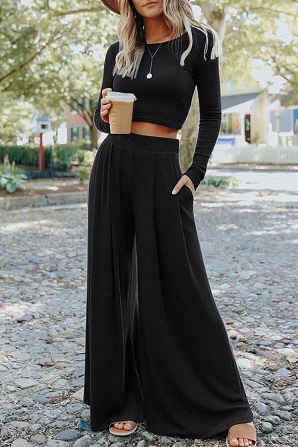 Black Solid Color Ribbed Crop Top Long Pants Set - Absolute fashion 2020