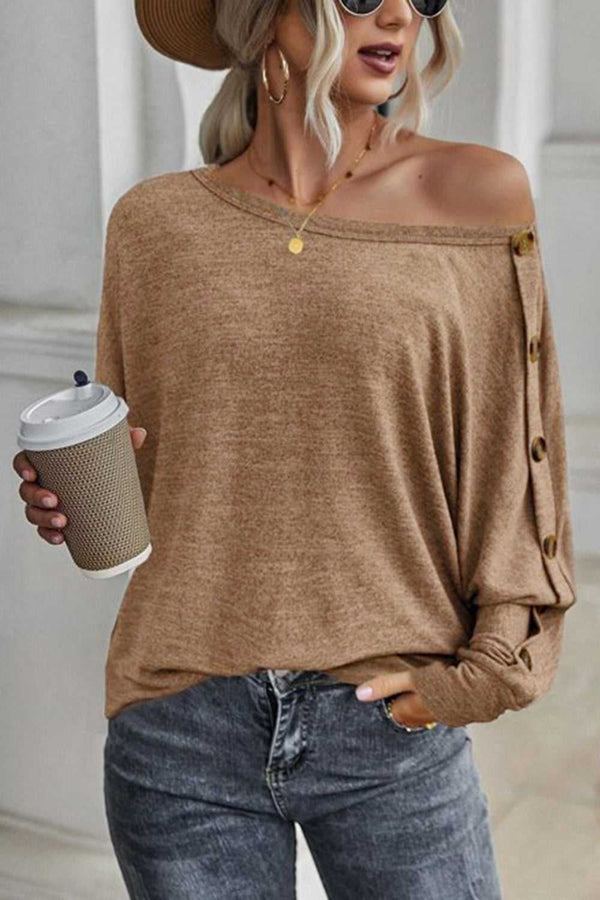 Boat Neck Buttoned Long Sleeve T-Shirt - Absolute fashion 2020