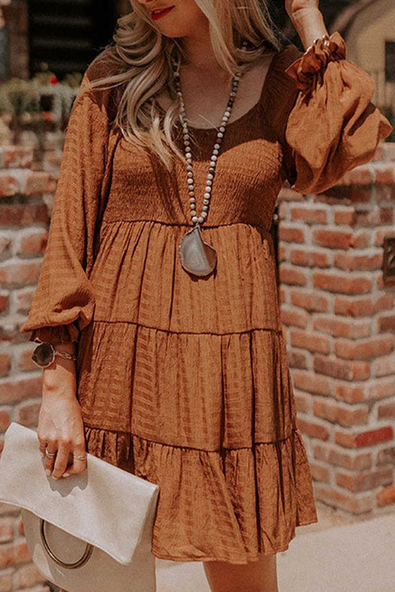 Brown Bishop Sleeve Smocked Tiered Mini Dress - Absolute fashion 2020