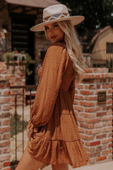 Brown Bishop Sleeve Smocked Tiered Mini Dress - Absolute fashion 2020