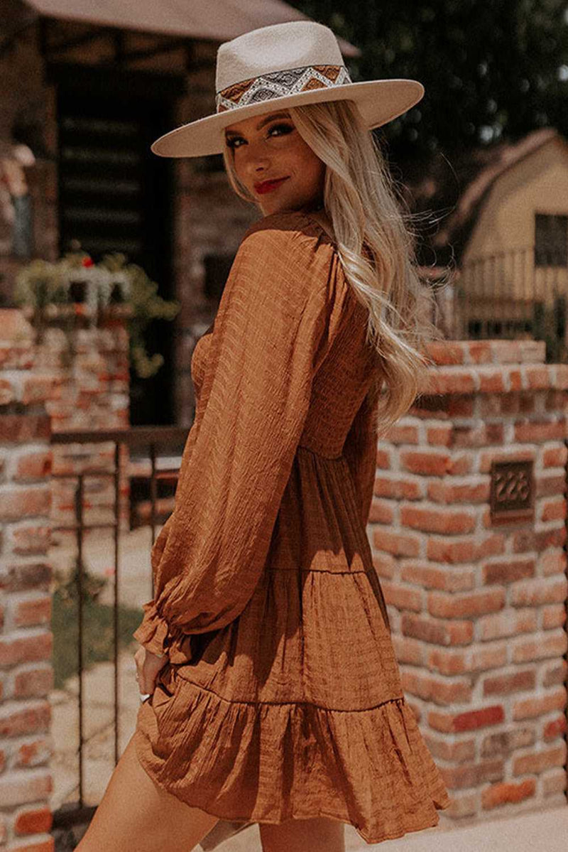 Brown Bishop Sleeve Smocked Tiered Mini Dress - Absolute fashion 2020