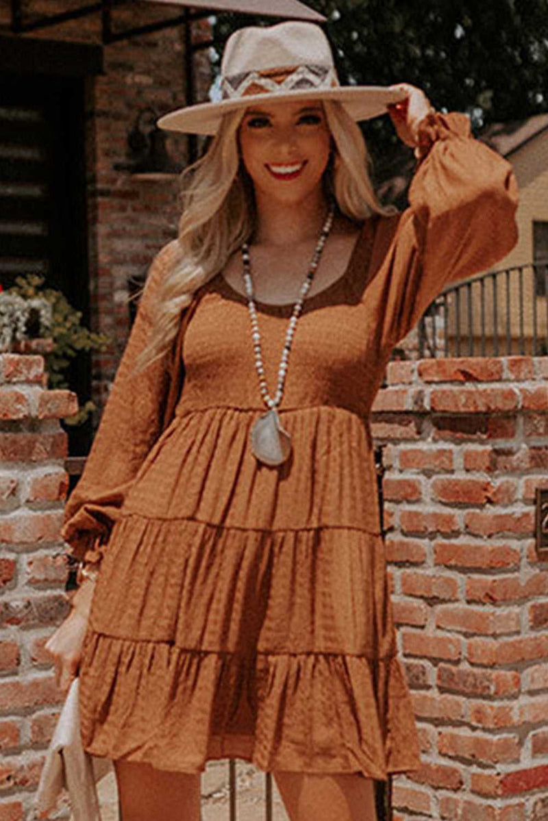 Brown Bishop Sleeve Smocked Tiered Mini Dress - Absolute fashion 2020