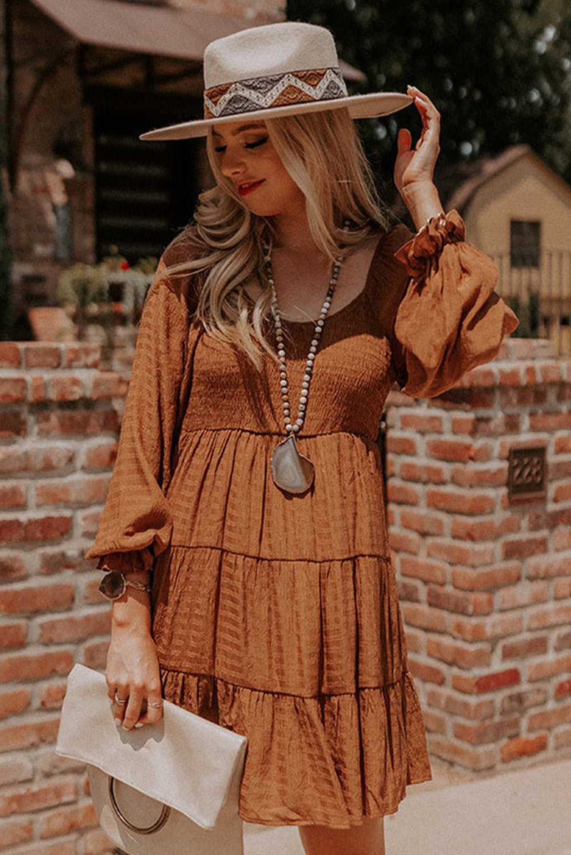 Brown Bishop Sleeve Smocked Tiered Mini Dress - Absolute fashion 2020