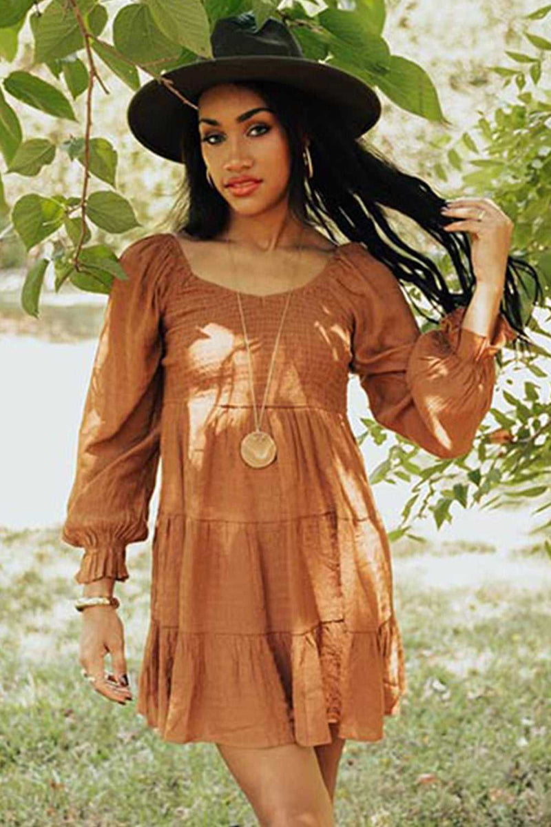 Brown Bishop Sleeve Smocked Tiered Mini Dress - Absolute fashion 2020
