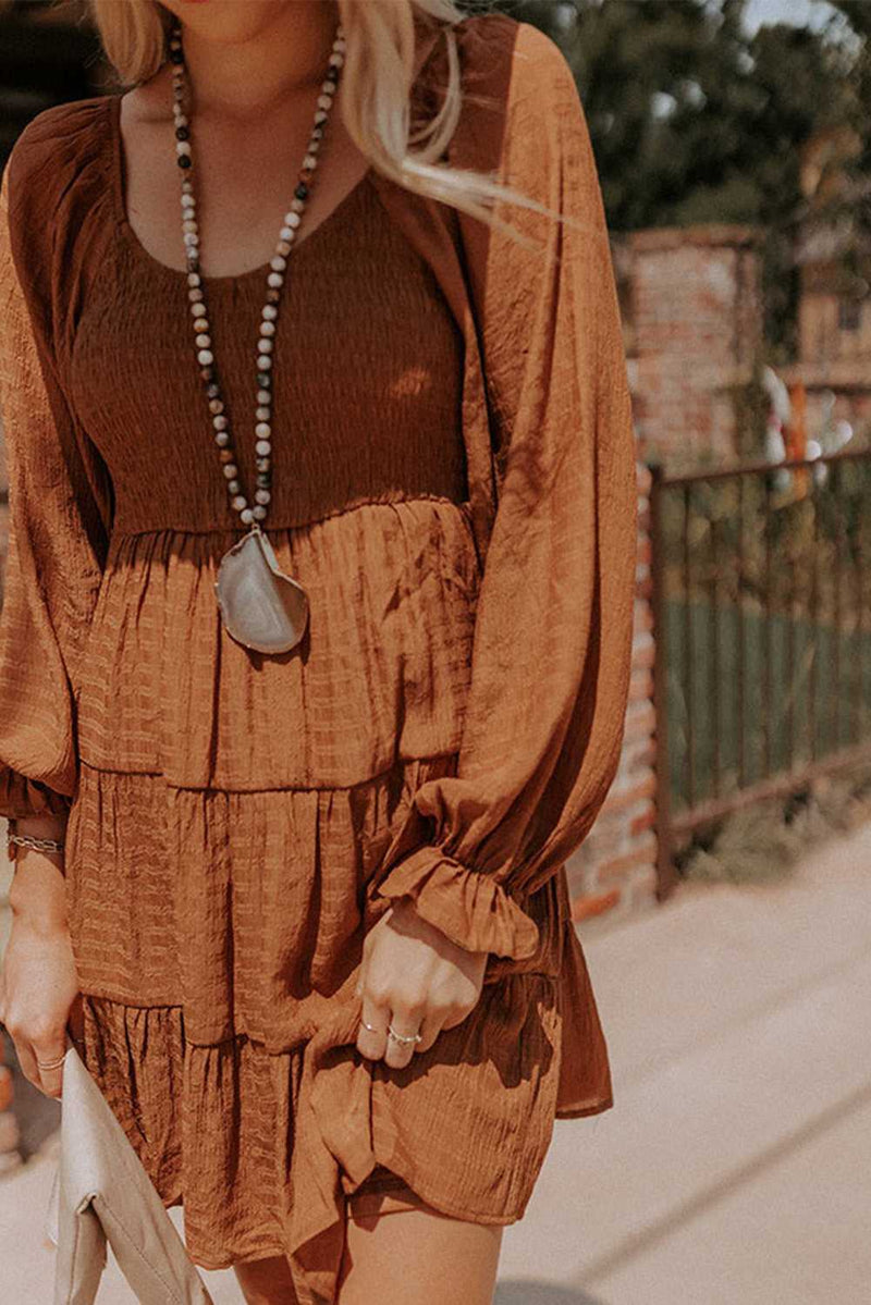 Brown Bishop Sleeve Smocked Tiered Mini Dress - Absolute fashion 2020