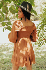 Brown Bishop Sleeve Smocked Tiered Mini Dress - Absolute fashion 2020