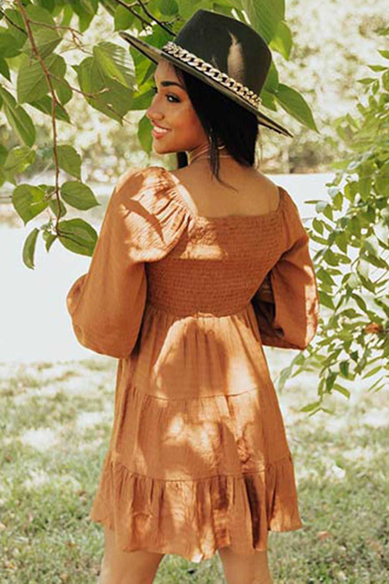 Brown Bishop Sleeve Smocked Tiered Mini Dress - Absolute fashion 2020