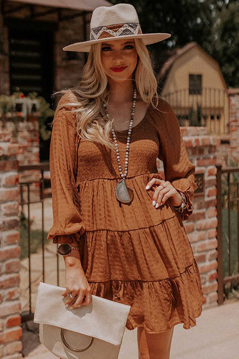 Brown Bishop Sleeve Smocked Tiered Mini Dress - Absolute fashion 2020