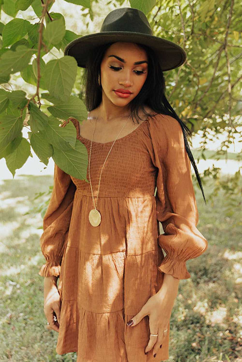 Brown Bishop Sleeve Smocked Tiered Mini Dress - Absolute fashion 2020