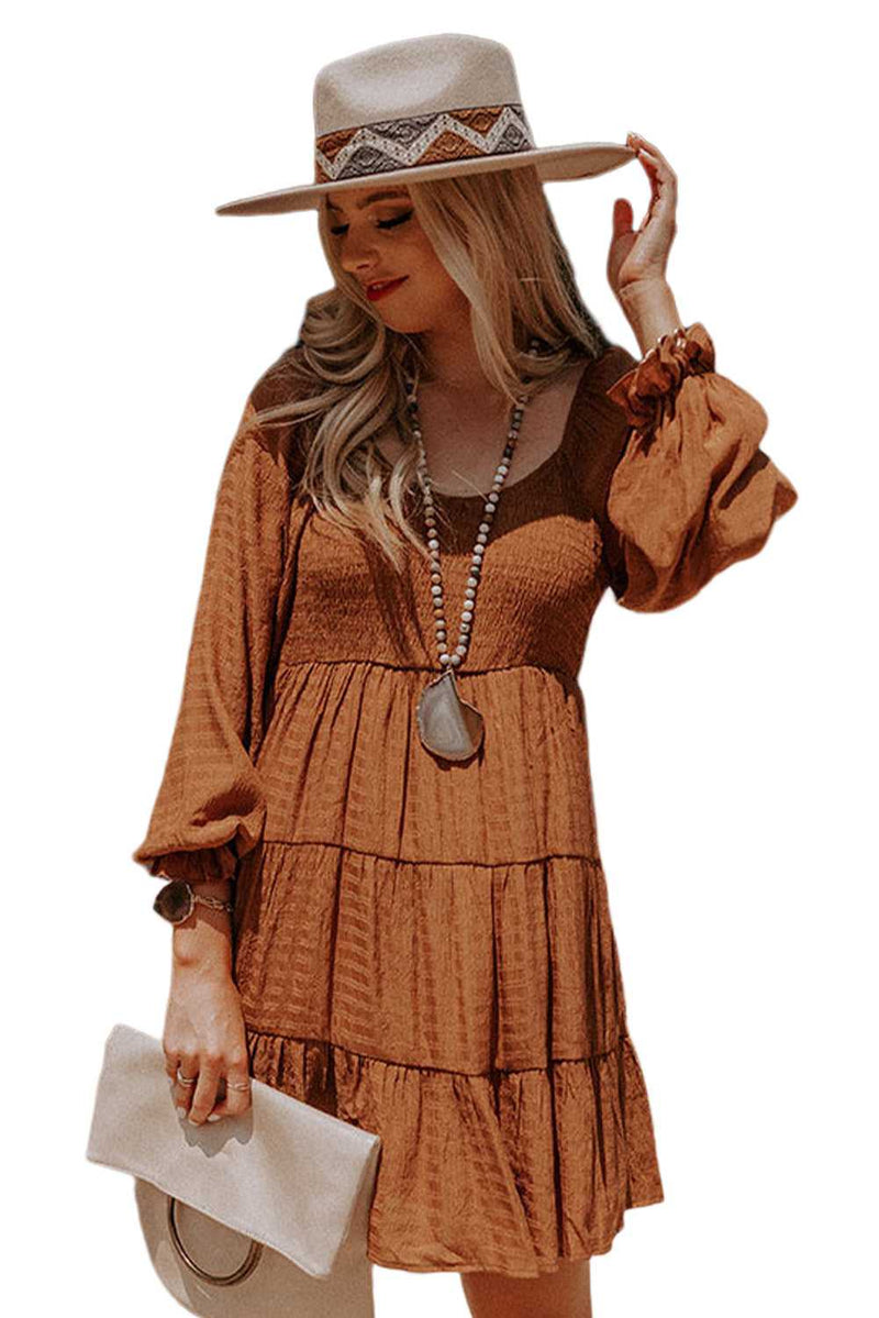 Brown Bishop Sleeve Smocked Tiered Mini Dress - Absolute fashion 2020