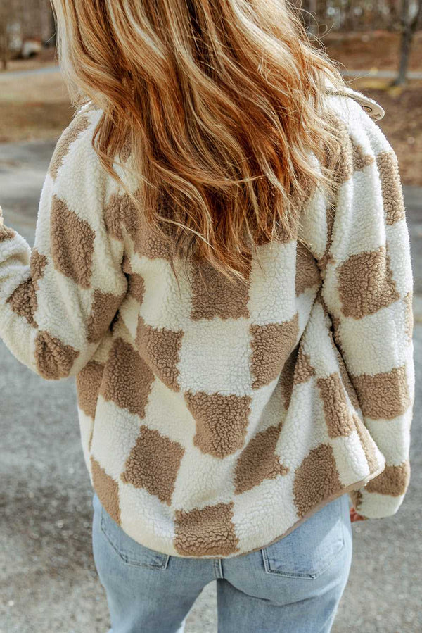 Brown Checked Snap Button Sherpa Jacket - Absolute fashion 2020