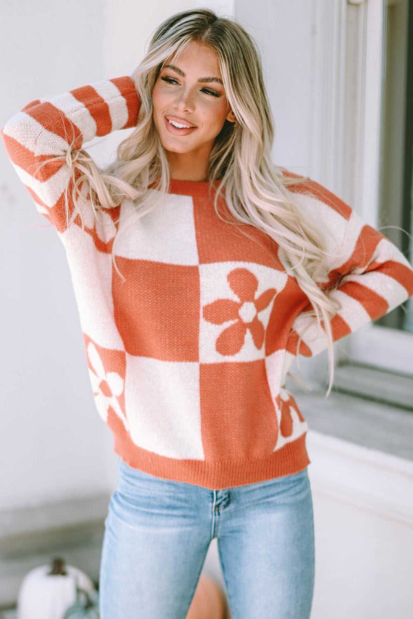 Brown Checkered Floral Print Striped Sleeve Sweater - Absolute fashion 2020
