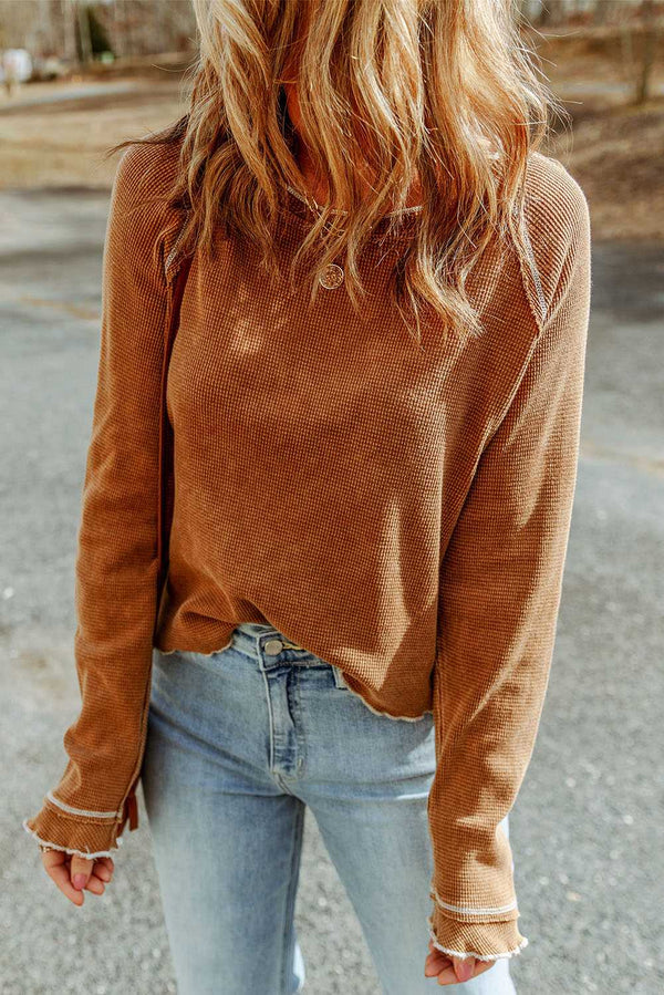 Brown Textured Round Neck Long Sleeve Top - Absolute fashion 2020
