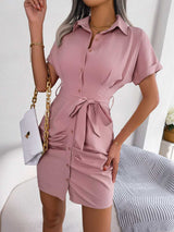 Button Down Ruched Tie Belt Dress - Absolute fashion 2020