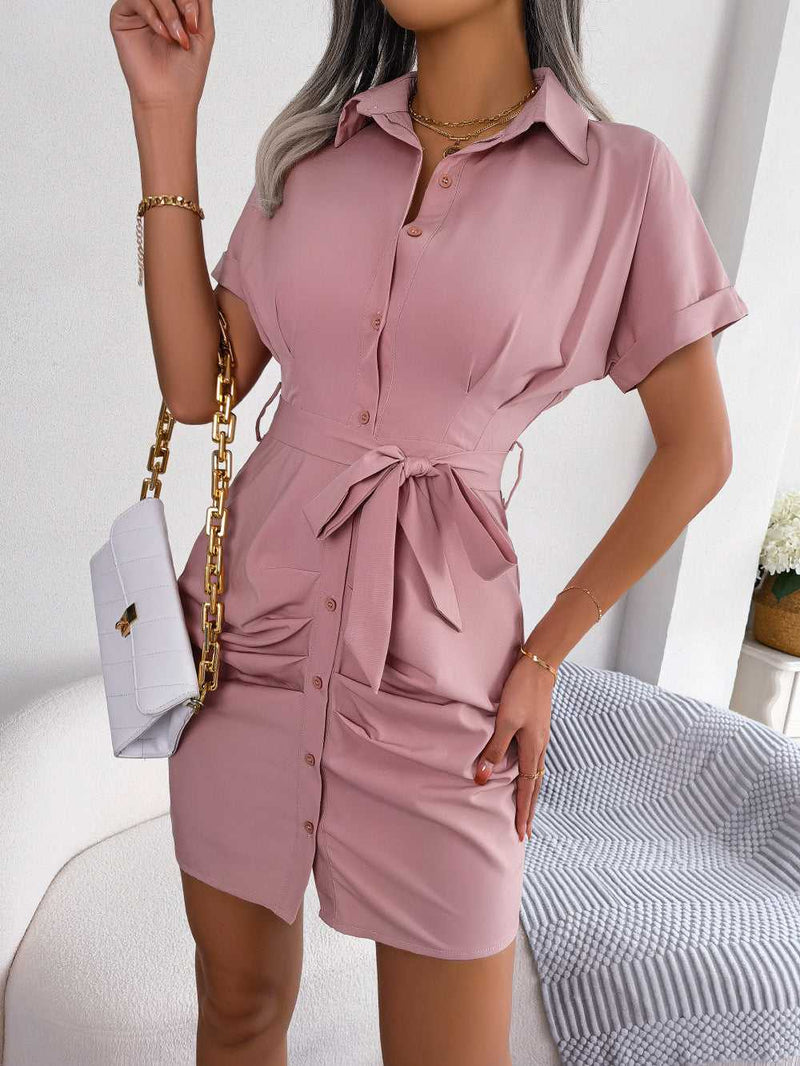 Button Down Ruched Tie Belt Dress - Absolute fashion 2020