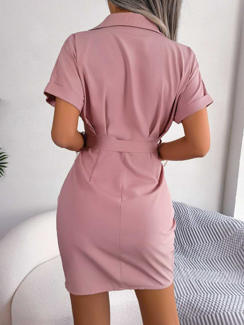 Button Down Ruched Tie Belt Dress - Absolute fashion 2020
