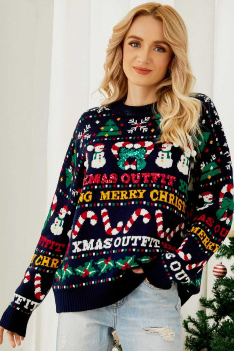 Christmas Print Crewneck Dropped Shoulder Sweater - Absolute fashion 2020