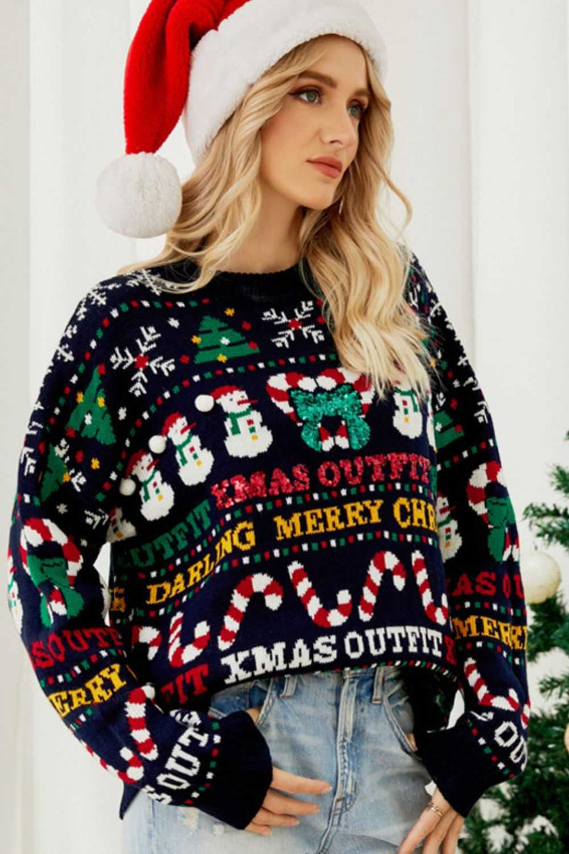 Christmas Print Crewneck Dropped Shoulder Sweater - Absolute fashion 2020