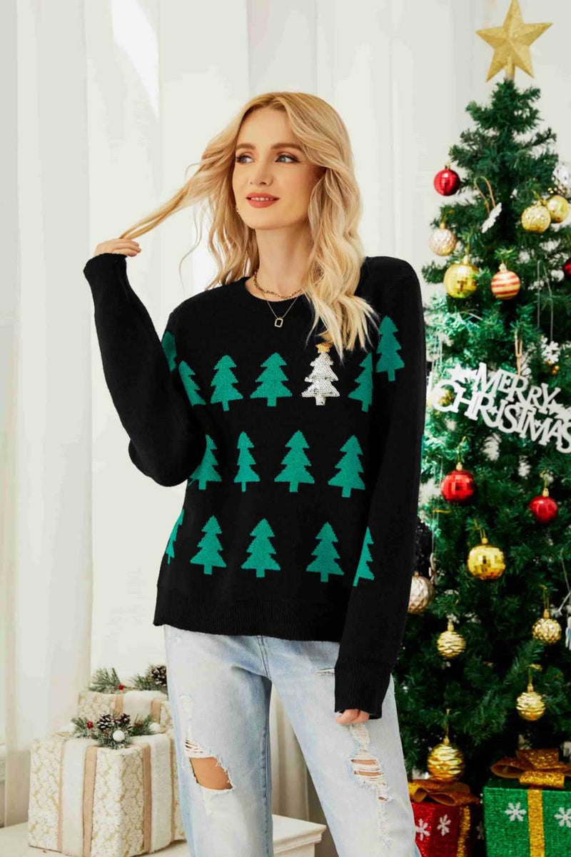 Christmas Tree Round Neck Ribbed Trim Sweater - Absolute fashion 2020